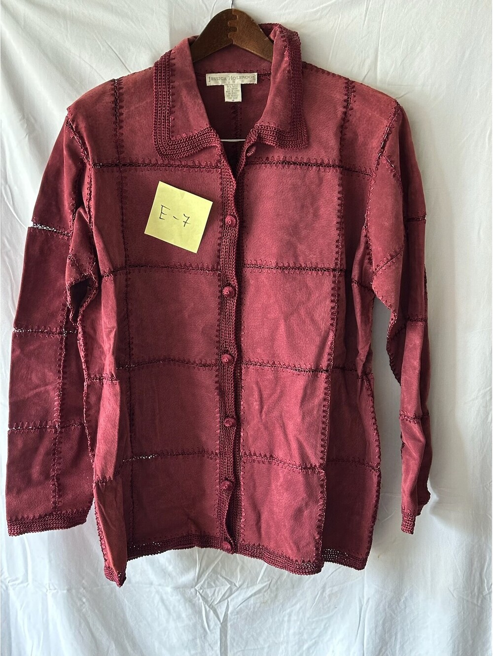 Jessica Holbrook Women's Medium Suede Patchwork Jacket Whipstitch Trim Burgundy